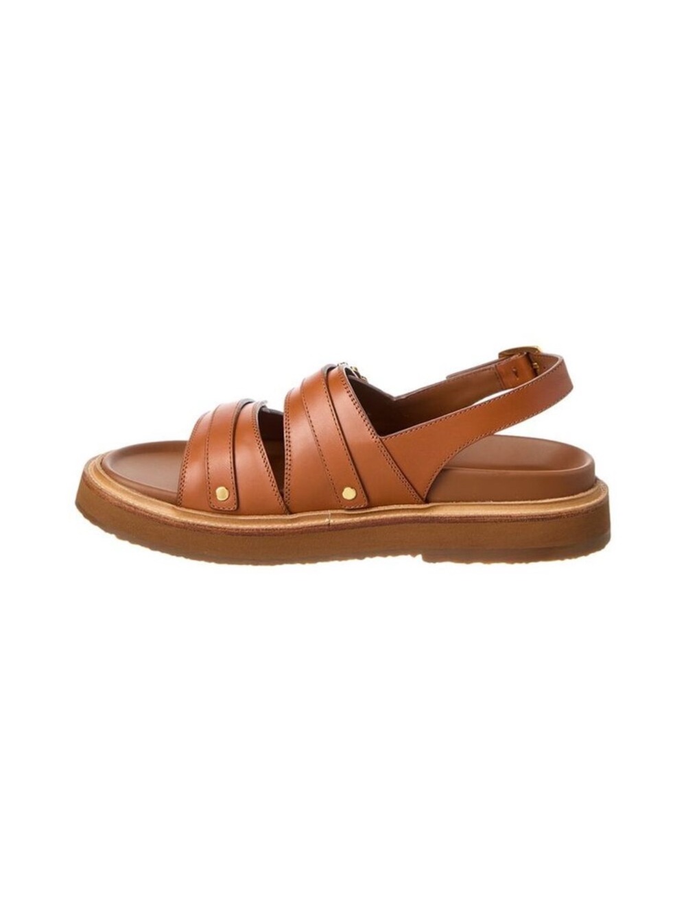 Celine Triomphe  Leather Brown Double-Strap Slingback Sandal with Gold Accent - Picture 2 of 16